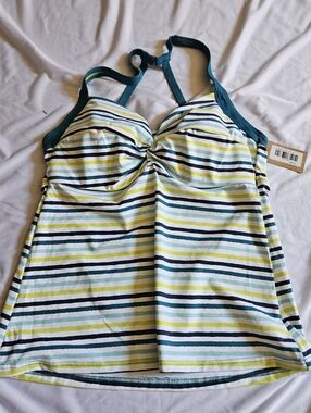 Title Nine Striped Twist-Front Tankini Top in Teal, Navy & Lime